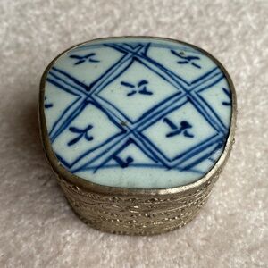 Vintage Chinese Hand Painted Porcelain Chard and Silver Jewelry Trinket Box